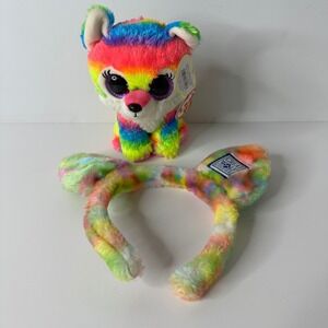 Great Wolf Lodge 6" River Beanie Boo Wolf Plush & Rainbow Tie Dye Ears Headband